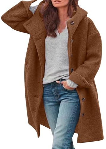 Veste en laine pour femme - Longue - Avec poches - Manteau d'hiver surdimensionné - En tweed - Simple boutonnage - Trench - Couleur unie - Élégante veste de loisirs à manches longues - Manteau à