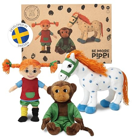 Pippi gosedjursset med lång strumpa – med Pippi tygdocka (20 cm), herr Nilsson APA gosedjur (16 cm) och liten farbror, gosig leksak häst (22 cm) – Officiellt licenserad, mjuk leksak för barn