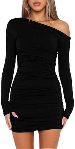 ELFIN Robe Moulante pour Femme Manches Longues Mini Robes Sexy à épaules dénudées plissée Dress Courte Cocktail fête Club Automne