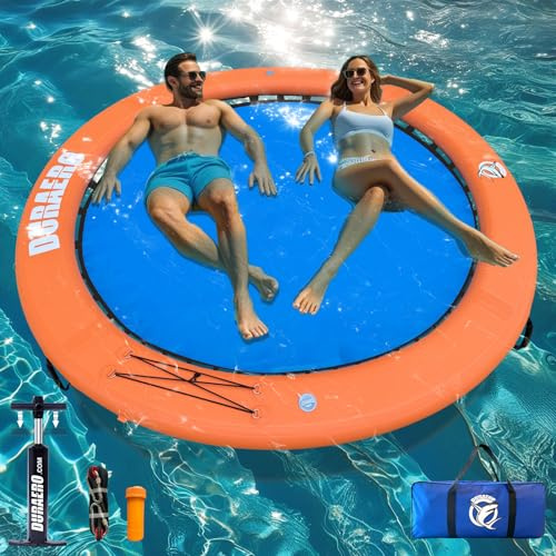 Amaca Gonfiabile ad Acqua Rotonda 245cm – Isola Galleggiante in PVC Drop-Stitch per 2–6 Persone, Piattaforma da Nuoto per Lago e Piscina, Lettino Galleggiante con Rete, Corda, Ganci e Maniglie