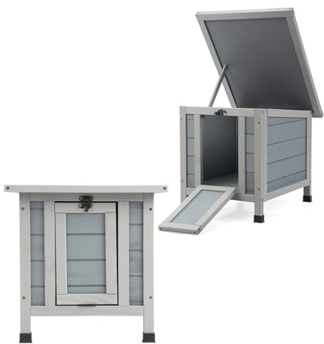 Hasenhaus Outdoor Winterfest aus Holz mit Rampe & Klappdach – Kaninchenhaus für draußen, Kleintierhaus für Kaninchen, Meerschweinchen, Igel, Enten – Grau 51x40x43cm