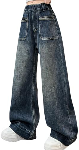 Jean baggy 2026 pour fille, jambes larges, taille élastique, plusieurs poches, pantalon cargo, jean, pantalon en denim pour enfant avec fille, bleu, 9-10 ans