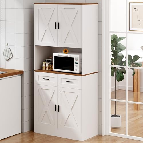 POINTANT 71“ Kitchen Pantry Storage Cabinet, Kitchen Hutch with Microwave Stand and Adjustable Shelves Freestanding Cupboard for Dining Living Room, White