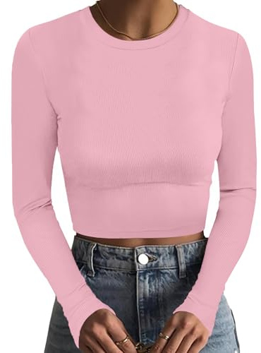 DUOEASE Top Mujer Otoño Camiseta Interior Mujer Cuello Crew Sexy Crop Top Básica Rosa-S