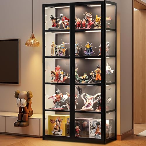Scribora Vetrine, vetrina in vetro per oggetti da collezione e trofei, vetrina a 5 ripiani, libreria, armadietto per soggiorno, camera da letto, ufficio (Doppia porta nera)