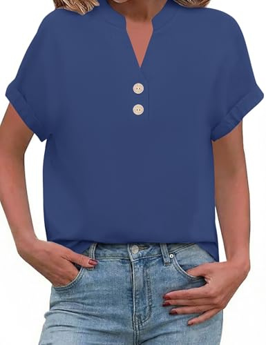 PASUDA Tee Shirt Femme Chemise Été Haut Chic et Élégant Coton Lin Blouse Col V Manches Courtes Chemise Décontracté Ample Tunique Tops avec Boutons T-Shirts (Marine, M)
