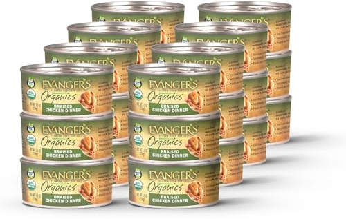 Evanger's Organics Braised Chicken Dinner for Cats – 5.5 oz, 24 Count – Organic, Grain Free Wet Cat Food – Simple Braised Chicken Entrée in Natural Juices – All Life Stages