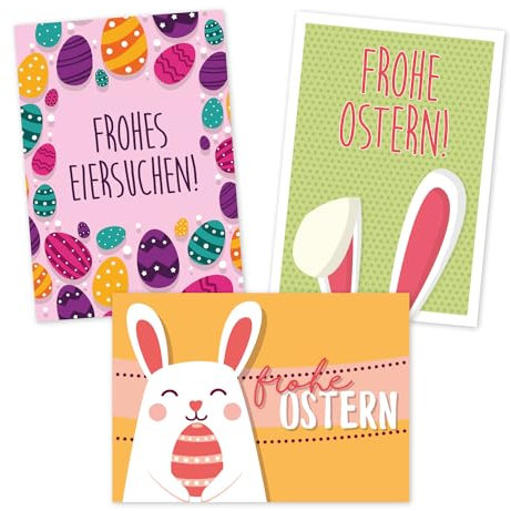 #detailverliebt Postkarten Ostern I 15 Stück DIN A6 I mit Umschlägen I Grußkarten Set Frohe Ostern Osterhase Eiersuchen Einladungen I dv039