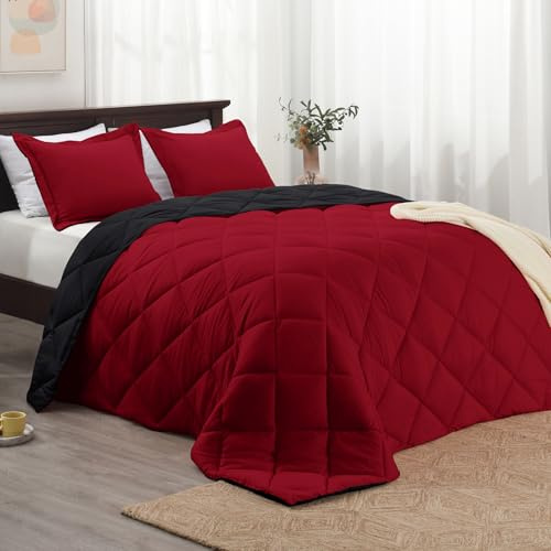 Basic Beyond Queen Comforter Set, Red and Black Comforter Set Queen Size, Reversible Bed Comforter Queen Bed Set for All Seasons, 1 Comforter (88x92) and 2 Pillow Shams (20x26+2)