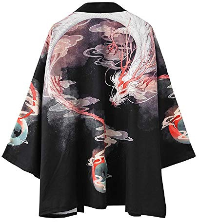 Cardigan kimono japonais unisexe à manches 3/4 - Robe kimono ample yukata vintage - Vêtement d'extérieur - Haut d'été décontracté pour femmes et hommes, Red Dragon, X-Large