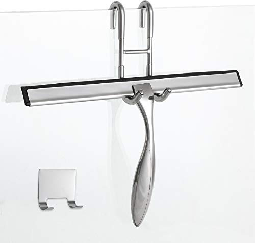 Simtive 12-Inch Shower Squeegee Set, Includes Shower Door Hook and Adhesive Hook, Squeegee for Shower Doors, Mirror and Window, Silver