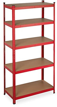 Relaxdays Schwerlastregal zum Stecken, Traglast: 875 kg, 5 Ebenen, Keller & Garage, Stahl, HxBxT: 180 x 90 x 45 cm, rot