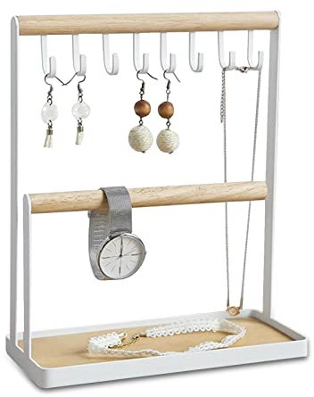 EUNEWR Schmuckständer, Schmuckhalter mit Holztablett und Haken, Weiß Kettenhalter für ketten, Ohrringen, Ringen,Armbändern, Uhren, 22 x 10 x 26 cm (Type A)