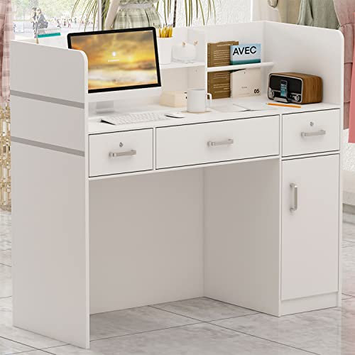 Caldion Empfangstheke mit 3 Schubladen und Ablageflächen, Empfangstresen,Bürotheke, Rezeptionstisch mit Schrank, für Salon Empfangsraum, Restaurant, Lobby, Weiß, 120B x 48T x 110H cm, MDF