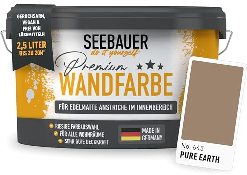 SEEBAUER diy Wandfarbe Braun 2,5L für Innen (No. 645 Pure Earth) Edelmatte braune Innenfarbe - Brauntöne sehr hohe Deckkraft - Matt, Abwaschbar und Tropffrei