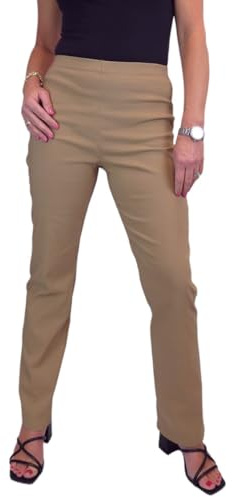Paulo Due Women's Elasticated Waist Trousers Pull On High Waist Straight Leg Trousers Evening Day Office Work Camel Beige 8-22 (14)