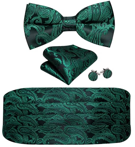 Barry.Wang kummerbund fluga set för män, silke kummerbund förbunden fluga ficka fyrkantiga manschettknappar, Mörkgrön paisley, en storlek
