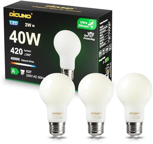 DiCUNO Lampadina LED Ultra Efficiente E27 2W, Classe energetica A, equivalente 40W, Lampade a filamento Edison LED a risparmio energetico, Bianco neutro 4000K, 420lm, Vetro, 3 Pezzi