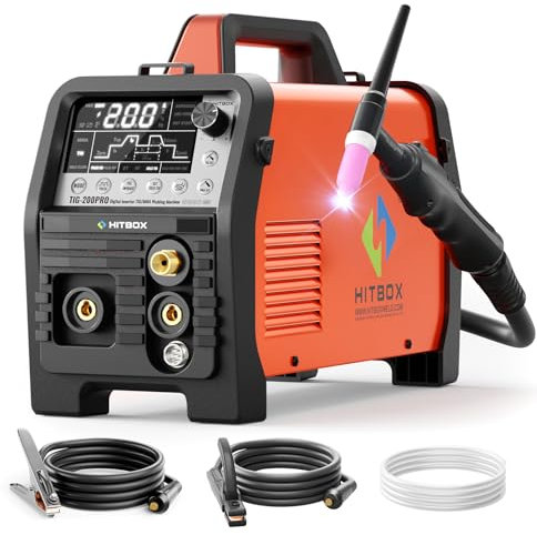 HITBOX - Estación de soldadura TIG 200A, 230 V 6 en 1 con arranque HF, MMA/TIG/Pulse/Limpieza TIG/Punto/2T/4T, pedal de control y casco de soldadura(TIG200PRO)