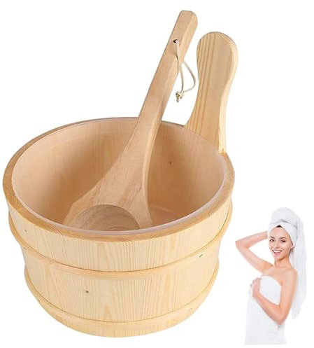Sauna Bucket and Ladle Set, Sauna Bucket and Ladle, Large Capacity Wooden Water with Plastic for Home Hotel Steaming Room