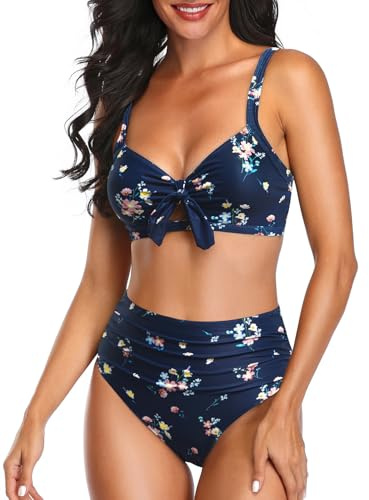 Tempt Me Navy Floral Two Piece Swimsuits - High Waisted Bikini Tummy Control Full Coverage Bathing Suits Ruched Tie Knot Swimwear M