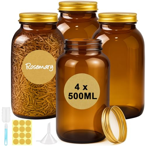 Ferenando 4 Stück Braungläser 500ml mit Schraubverschluss Luftdicht, Vorratsgläser mit Deckel, Etiketten & Trichter, Vorratsdosen Glas Apothekerglas für Gewürze, Kräuter, Tee, Kaffee