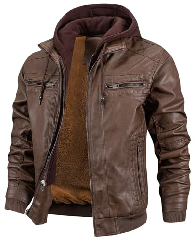 INVACHI Men's Faux Leather Motorcycle Jacket with Removable Hood Windproof Vintage PU Biker Bomber Coat with Fleece Lining
