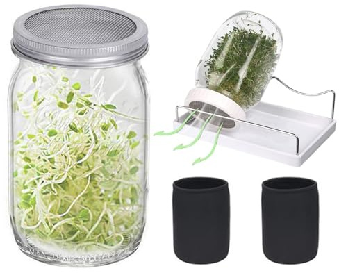 Tarros de germinación de semillas, juego de 2 tarros de vidrio germinado | Almacenamiento y organización de cocina, tarros de germinación de ancha con tapas de germinación, mangas opacas y