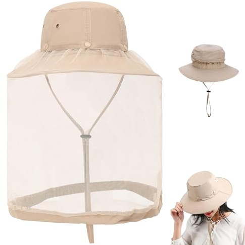 Monetais Cappello da Sole con Rete con Corda Antivento Cappello Estivo con zanzariera per Donna Uomo Apicoltore con 4 Fori Traspiranti per Escursionismo all'aperto Giardinaggio Kaki