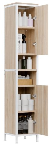ELUCHANG Mobiletto Bagno Salvaspazio,Armadio da Bagno Alto con 2 Ante, Colonna Bagno da Terra con Ripiani Regolabili,Scomparto Aperto,per Soggiorno,Bagno,Ingresso,Rovere chiaro+Bianco,30X30X174cm