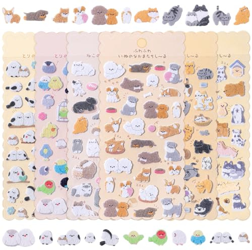 200＋Cute Kawaii Dog Cat Stickers, Mini Puffy Stickers Cute for Kids, Soft Flocked Felt 3D Sticker with Cats Dogs, 6 Sheets Reusable Sticker for Phone Case, Notebook, Scrapbooking