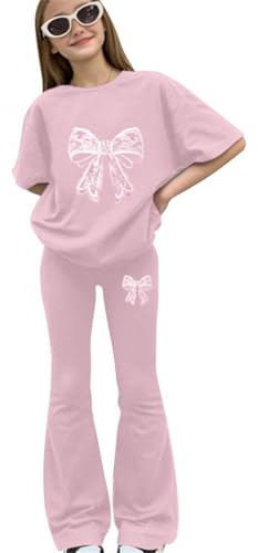 Girls 2 Piece Tracksuit Heart Bow Print Short Sleeve Tops T-Shirt and Flared Trousers Teenager Y2K Outfits Kids Track Suits Activewear Sets Girls Summer Yoga Gymnastics Clothing Suit