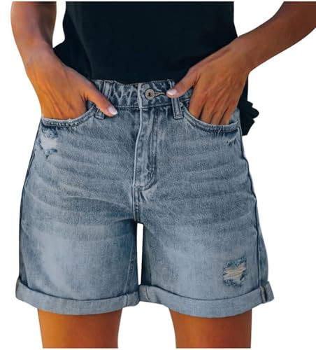 Pantalones Cortos Vaqueros para Mujer Casual Rotos Tiro Alto Efecto Desgastado Dobladillo Enrollado Verano Algodon Shorts Pantalón de Cintura Alta Deportivo Trekking Jeans Shorts