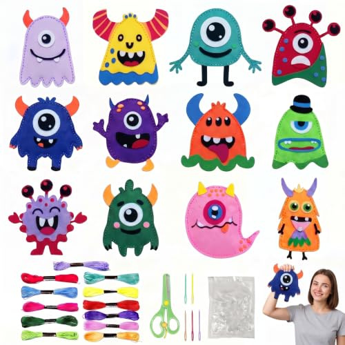 HDKAJL 12 stycken monster filt syset, kreativt pysselset med plastnålar, gör-det-själv pysseltillbehör för nybörjare, färgglatt broderigarn och fyllnadsvadd