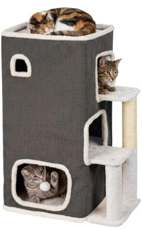 Relaxdays kattkoja i 3 våningar, kattgrotta med boll och klösträd, grå | HxBxD: 83,5x43x34 cm, husdjurshydda för inomhusbruk, tyg