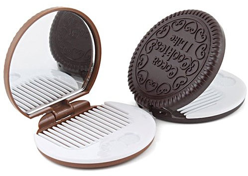 Miroir compact pliable en forme de biscuit mignon portable de poche de maquillage peigne de voyage