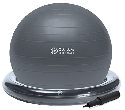Gaiam Essentials Balance Ball & Base Kit, 65cm Yoga Ball Chair, Exercise Ball with Inflatable Ring Base for Home or Office Desk, Includes Air Pump