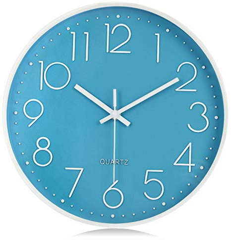 Lafocuse Silent 12 Inch 3D Numerals Blue Wall Clock Battery Operated, Modern Decorative Kitchen Blue Clocks for Living Room Decor Bedrooms Office Home
