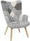 HOME DECO FACTORY, Fauteuil Style Scandinave pour Salon, Tissu Patchwork, Pieds Inclinés en Hévéa, Formes arrondies, Assise Moelleuse, Capitonné, Dossier Haut, Gris, 65x74x100cm, Hauteur d'assise 40cm