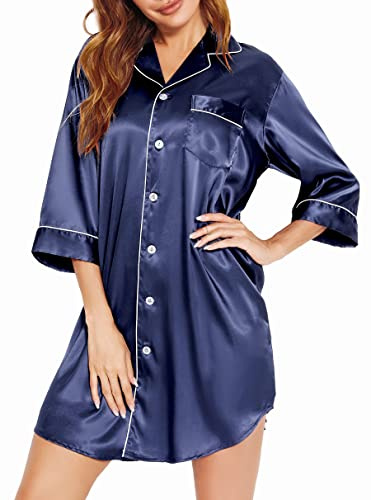 Vlazom Women's Silk Nightshirt Button Down Satin 3/4 Sleeve Nightgwon Boyfriend Sleepshirt Notch Collar Sexy Nightdress Dark Blue,L