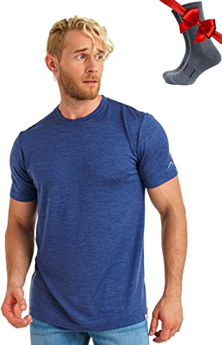 Merino.tech Merino Wool T Shirt Mens - Merino Wool Base Layer Men Undershirt Lightweight + Hiking Socks (Large, Chicago Blues)