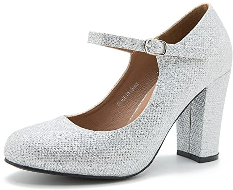 MAIERNISI JESSI Women's Mary Jane Pumps, Closed Round Toe, Block Heel with Ankle Strap Buckle, 3.54 Inch High Heel Glitter Silver US 11