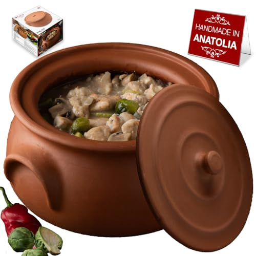 Hakan Suphan Handmade 2.6-Quart Small Clay Cooking Pot with Lid, Unglazed Natural Cookware, Terracotta Cazuela, Casserole Dish, Rice Cooking, Stewpot, Korean, Indian, Mexican Dish 2.5 L