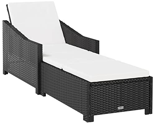 Gecheer Sun Lounger with Cream White Cushion, Adjustable Backrest, Slide Armrests, PE Rattan, Black, for Outdoor Pool, Beach, Patio, Garden