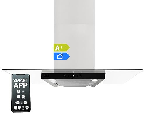 Hotte aspirante cuisine 90 cm | Hotte Îlot | acier inoxydable | verre noir | WiFi | arrête automatiquement | Opération tactile | MULTI-INSEL-HC