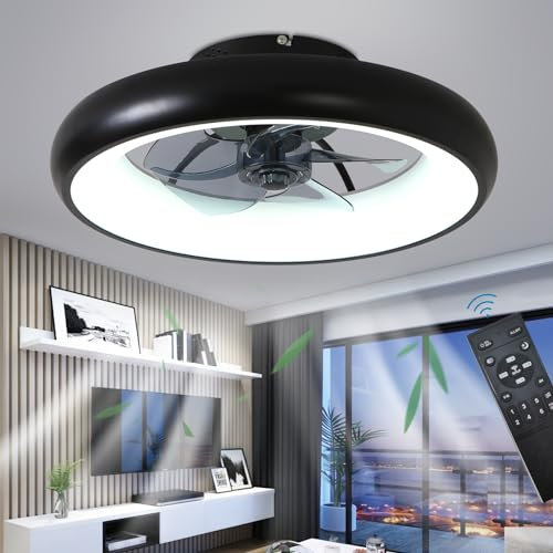 Quiet 48CM Modern Ceiling Fans with Lamp Remote Control, LED 36W Dimmable Ceiling Light for Bedroom Living Room, Reversible and 6 Speeds, Black