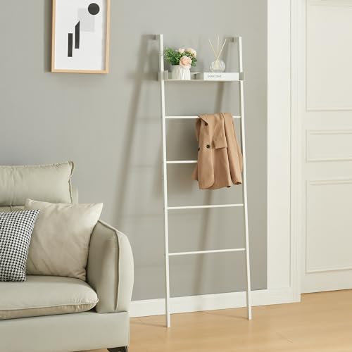 [en.casa] Toallero de Baño Escalera Øksnes con 4 Peldaños y 1 Estante Estantería de 5 Niveles para Colgar Toallas Paños de Cocina Ropa Accesorios Baño de Acero 160x50x27,5cm - Blanco