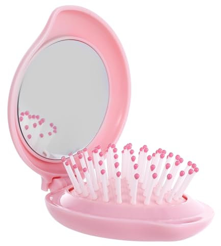 Dimeho Faltbare Haarbürsten mit Reise Spiegel Runde Pocket Reisebürste Klapp Haarmassagekamm Tragbare Faltbare Tasche Haarbürste Haarkamm Haarmassagekamm für Damen(hellrosa)