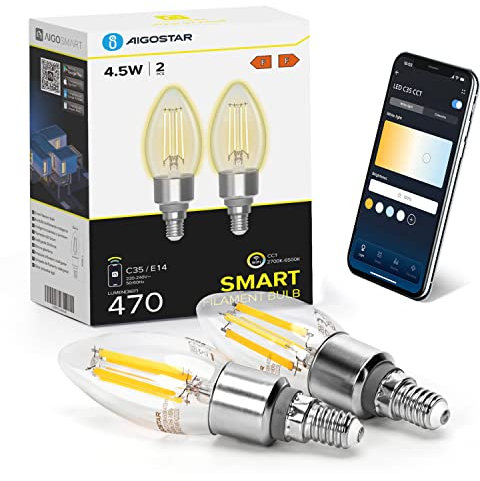 Aigostar Lampadine Smart WiFi E14 Alexa Lampadine Vintage C35 4.5W Edison Lampadina WiFi Dimmerabile 2700K-6500K, Controllo Remoto tramite APP, Compatibile Con Alexa, Google Home, Trasparente 2 pezzi