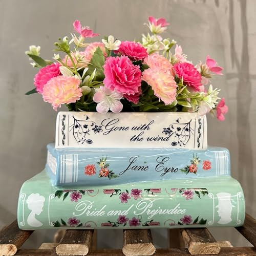 Vovkokc Book Vase Book-Shaped Decorative Planter Ceramic Book Vase Cute Book Flower Vase for Flowers Home Bedroom Office Decor Classic Titles Bookstack Unique Planters Gifts for Book Lovers